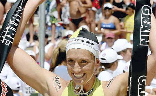 Elizabeth Pluimers crosses the line in victory in the Nutri-Grain Series. Elizabeth Pluimers crosses the line in victory in the Nutri-Grain Series.